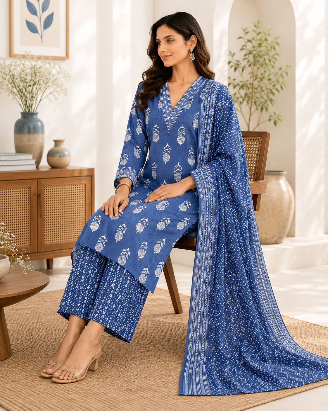 Women’s Cotton Printed Kurta Pant Dupatta Set | Embroidered V-Neck | Ethnic 3-Piece Suit Set