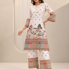 White Printed Rayon Kurta Palazzo Set for Festive Wear