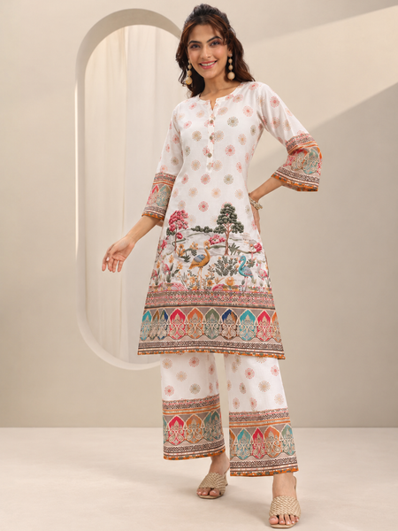 White Printed Rayon Kurta Palazzo Set for Festive Wear