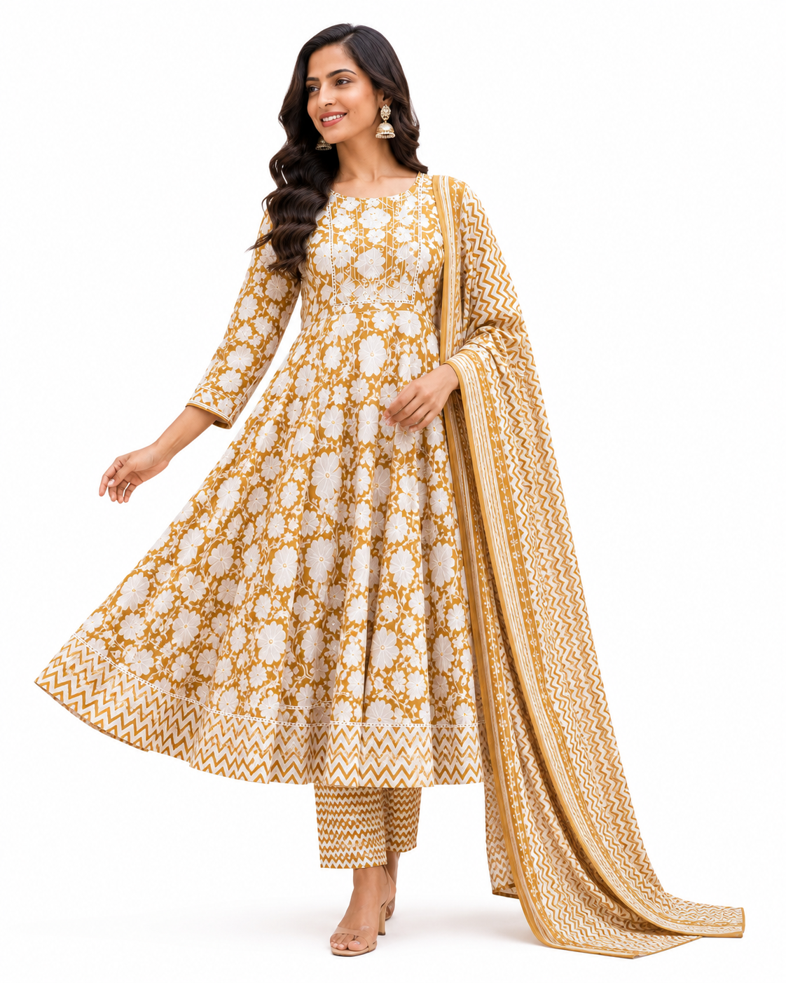 Women's Premium Cotton Anarkali Kurta Pant Dupatta Set | Embroidered Neck | Flared 3-Piece Ethnic Suit