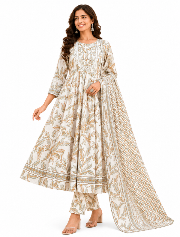 Women's Cotton Printed Anarkali Kurta Pant Dupatta Set | Flared Ethnic Suit | 3-Piece Set
