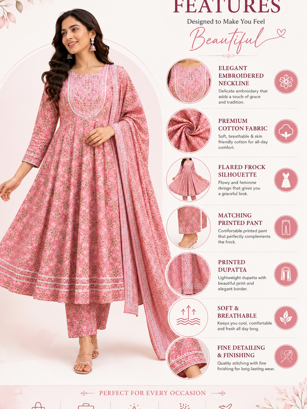 Pink Embroidered Cotton Anarkali Suit Set for Festive Wear - view 5