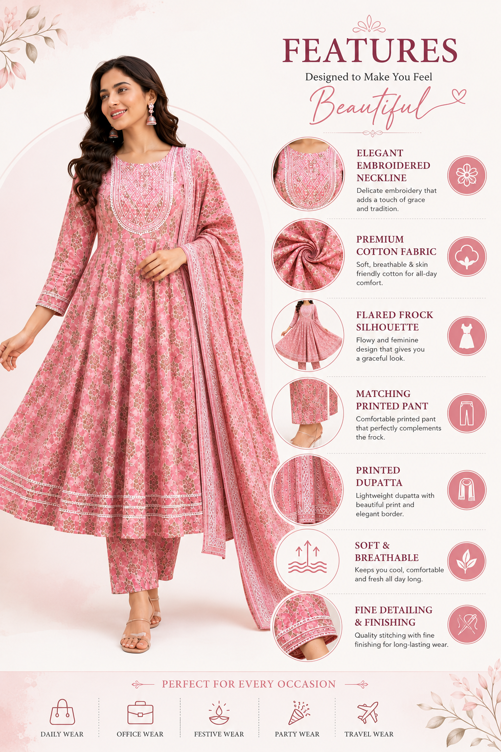 Women's Premium Cotton Anarkali Kurta Pant Dupatta Set | Embroidered Yoke | 3-Piece Ethnic Suit