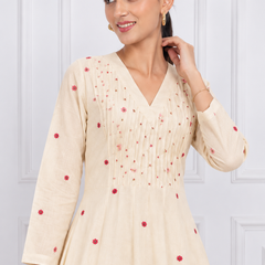 Off White Anarkali Suit Set with Floral Embroidered Dupatta