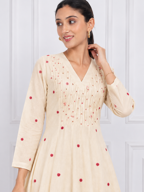 Off White Anarkali Suit Set with Floral Embroidered Dupatta
