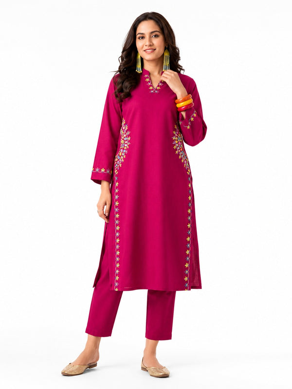 Pink Embroidered Kurta Pant Set for Festive Wear - view 3
