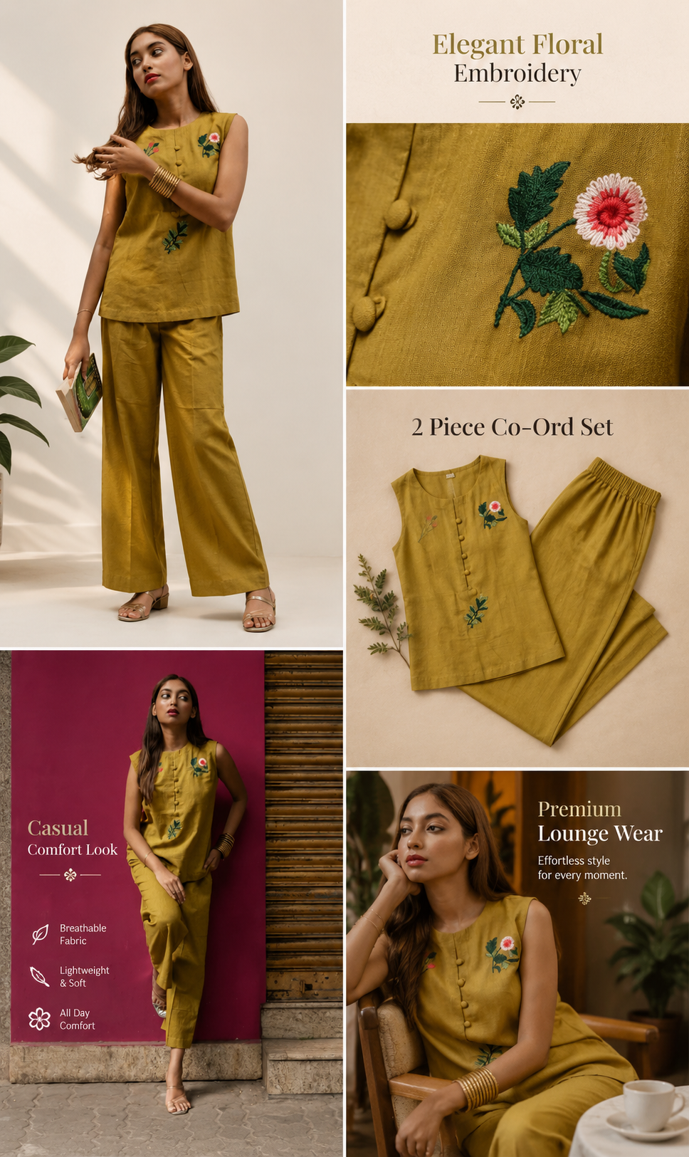 Women's Embroidered Sleeveless Co-Ord Set | Cotton Blend Top & Straight Pants Set