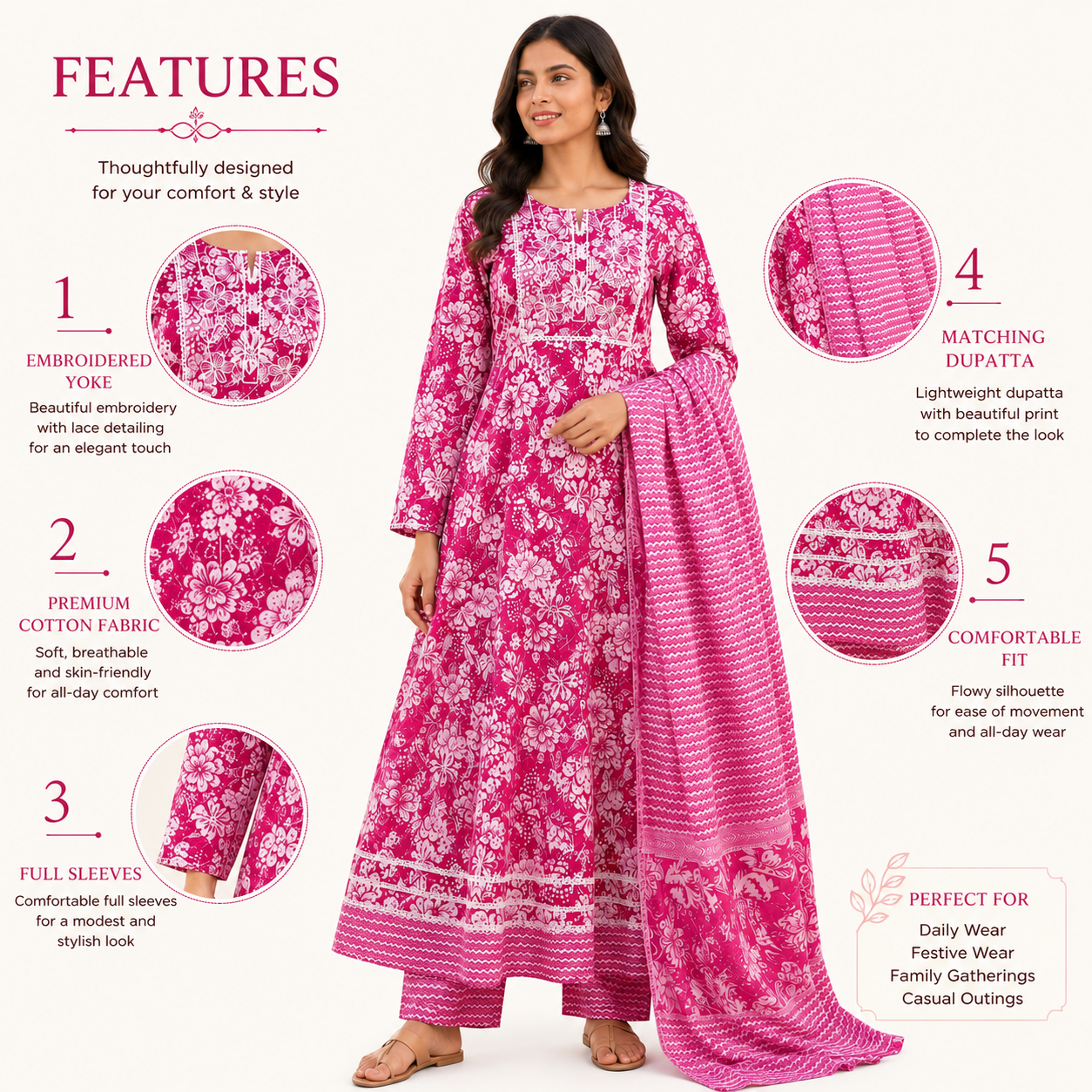 Women's Cotton Anarkali Kurta Pant Dupatta Set
