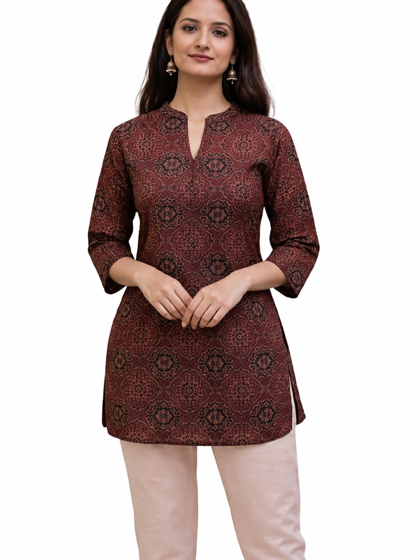 Red Printed Cotton Short Kurti for Office Wear - view 2