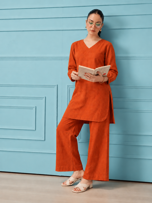 Orange Linen Co-Ord Set for Festive Wear