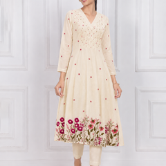 Off White Anarkali Suit Set with Floral Embroidered Dupatta