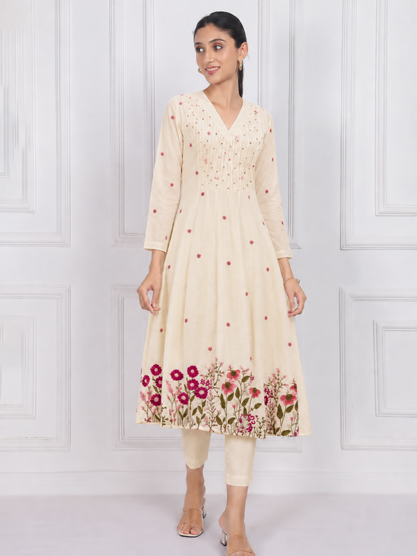 Off White Anarkali Suit Set with Floral Embroidered Dupatta