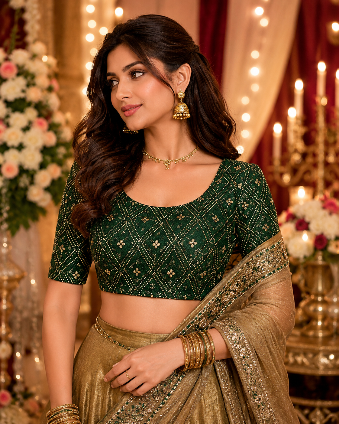 Dark Green Embroidered Readymade Blouse