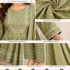 Green Embroidered Cotton Anarkali Suit Set for Festive Wear - view 4