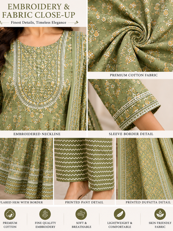 Green Embroidered Cotton Anarkali Suit Set for Festive Wear - view 4