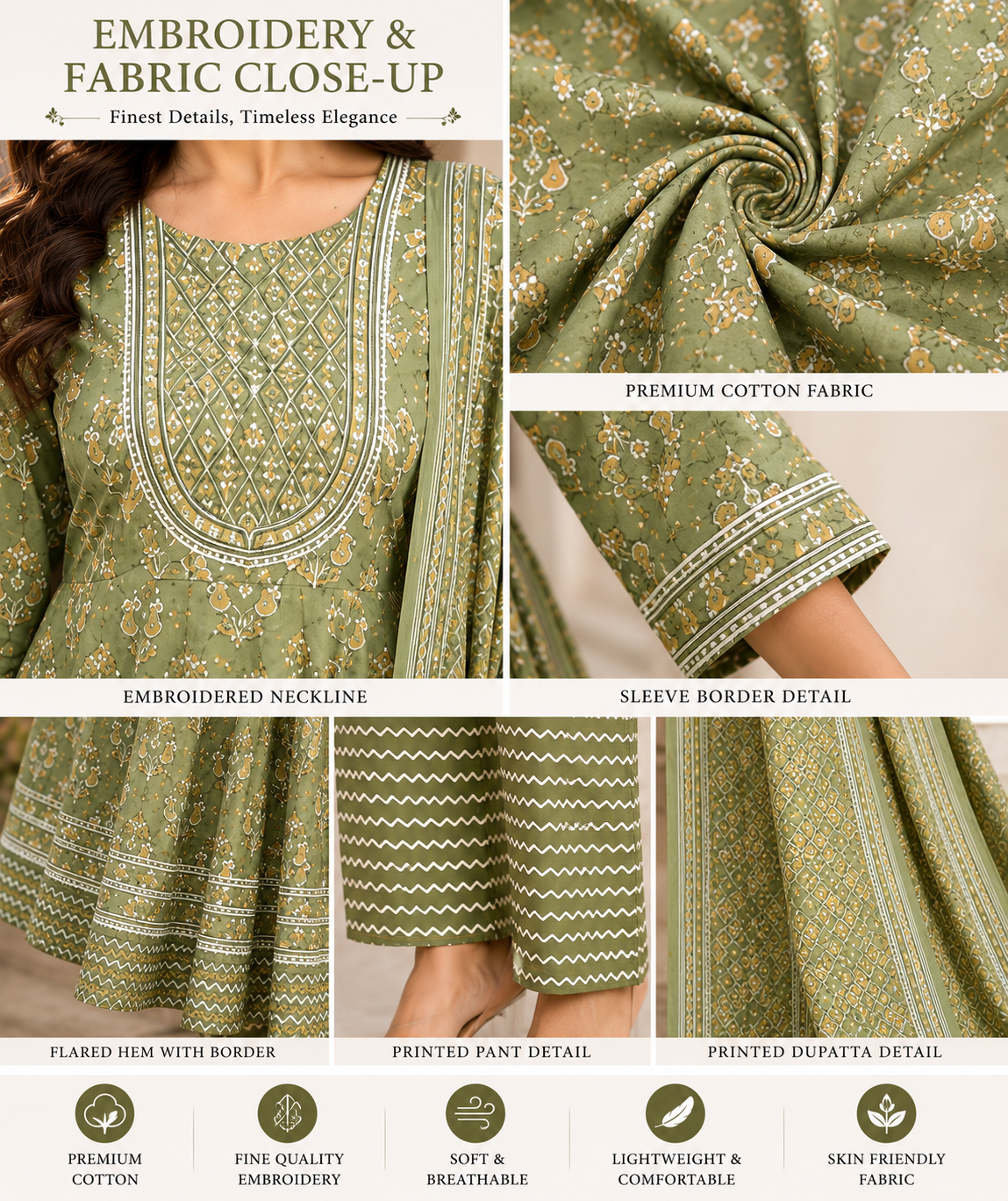 Women's Premium Cotton Anarkali Kurta Pant Dupatta Set | Embroidered Neck | 3-Piece Ethnic Suit