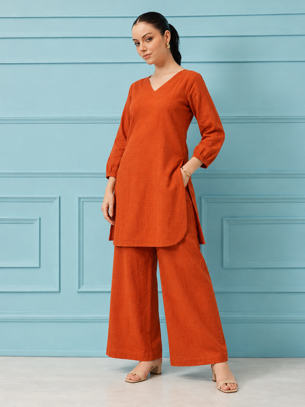 Orange Linen Co-Ord Set for Festive Wear