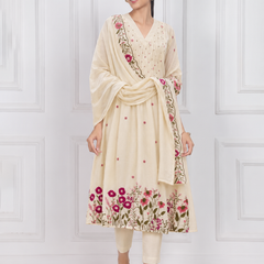 Off White Anarkali Suit Set with Floral Embroidered Dupatta