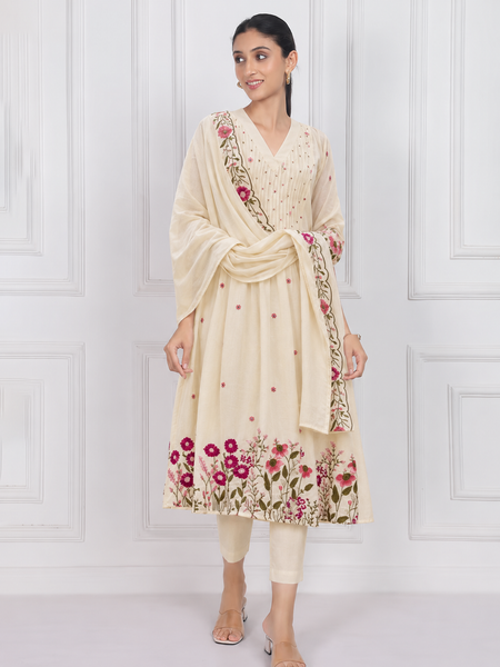 Off White Anarkali Suit Set with Floral Embroidered Dupatta