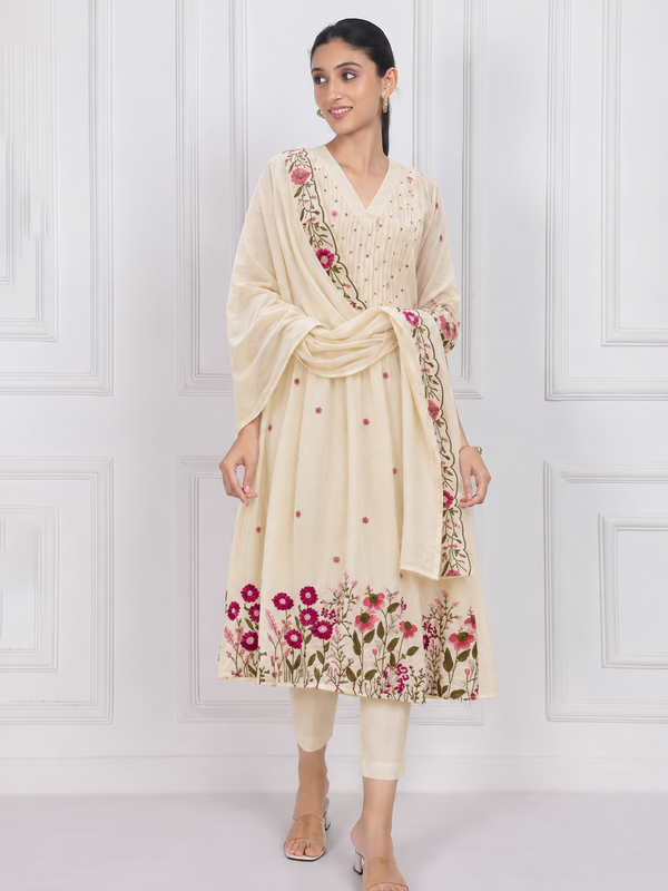 Off White Anarkali Suit Set with Floral Embroidered Dupatta