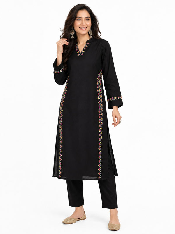 Black Embroidered Cotton Kurta Pant Set for Festive Wear - view 5