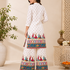 White Motif-Print Kurta Palazzo Set for Festive Wear - view 3