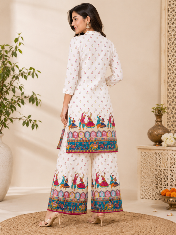 White Motif-Print Kurta Palazzo Set for Festive Wear - view 3