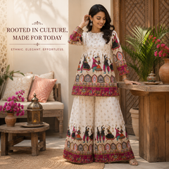 White Printed Kurta Palazzo Set for Festive Wear - view 3