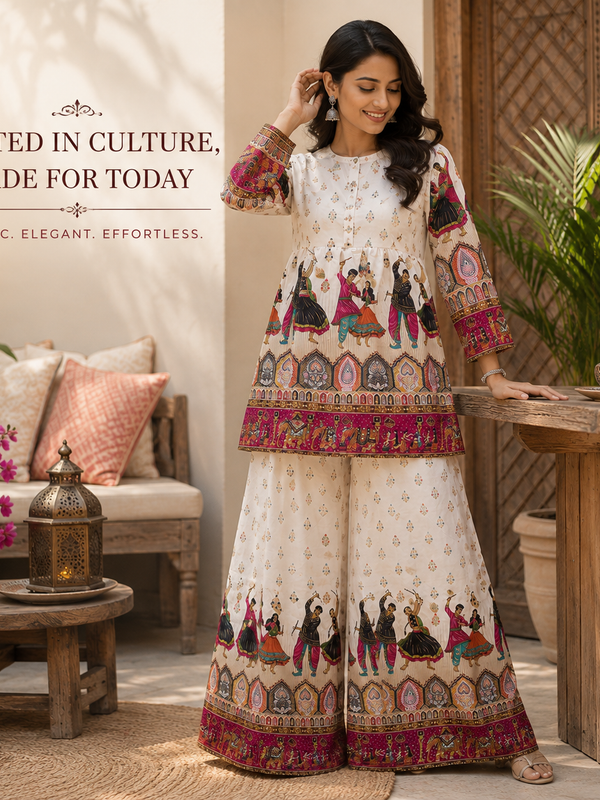 White Printed Kurta Palazzo Set for Festive Wear - view 3