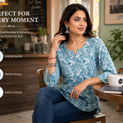 Floral-Print Cotton Short Kurti for Casual Wear - view 2