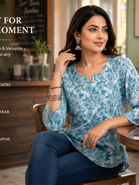Floral-Print Cotton Short Kurti for Casual Wear - view 2
