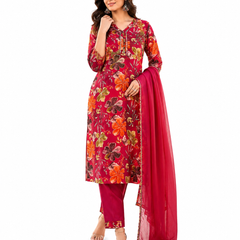 Red Floral-Print Kurta Pant Dupatta Set for Festive Wear - view 2
