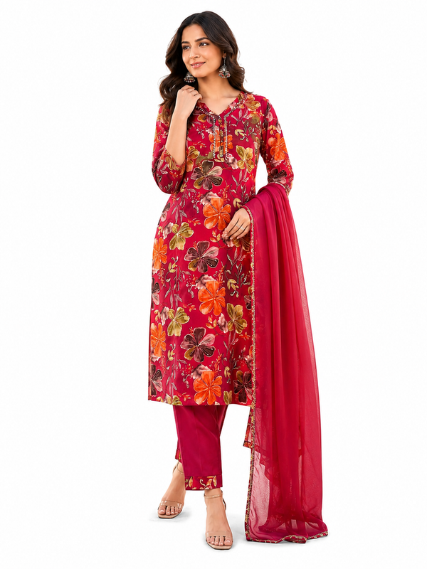 Red Floral-Print Kurta Pant Dupatta Set for Festive Wear - view 2