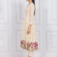 Off White Anarkali Suit Set with Floral Embroidered Dupatta