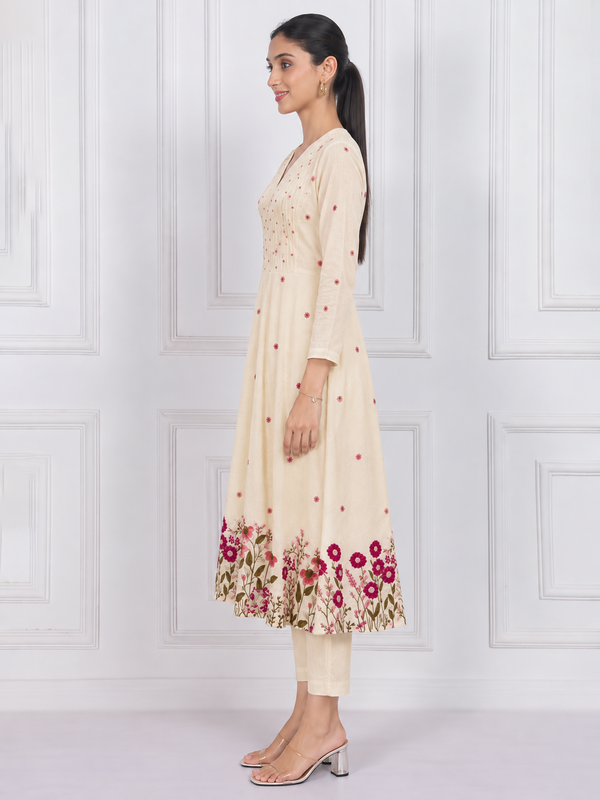 Off White Anarkali Suit Set with Floral Embroidered Dupatta
