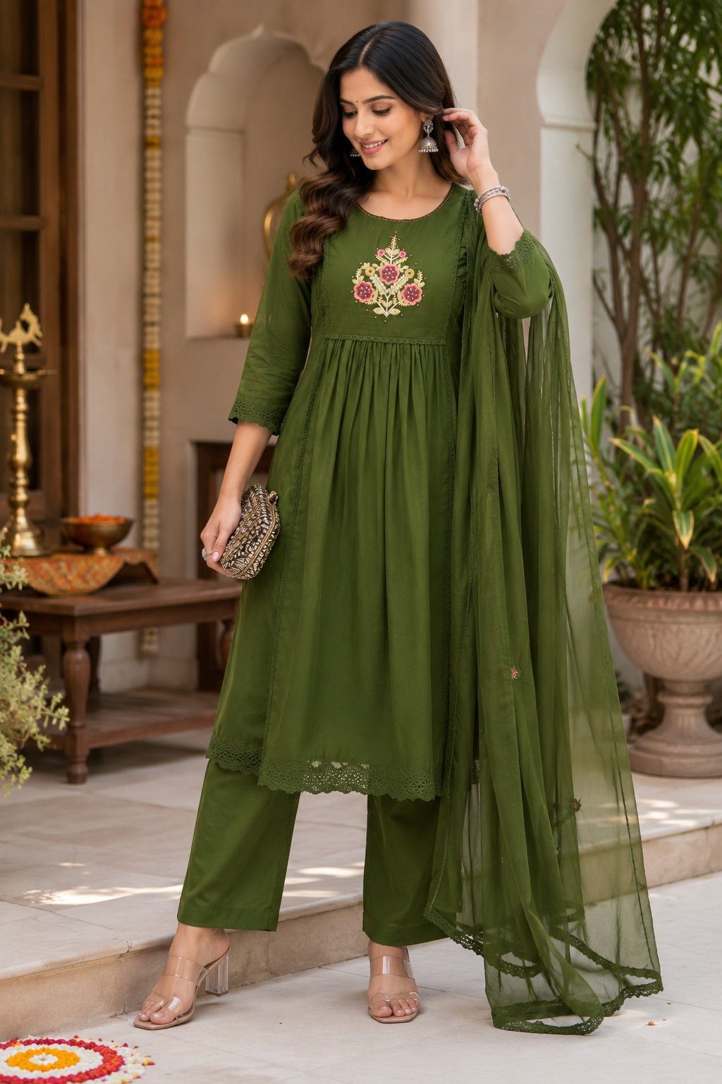 Women’s Olive Green Embroidered Kurta Pant Dupatta Set | Ethnic 3-Piece Suit Set