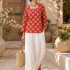 Red Block-Print Cotton Top for Office Wear