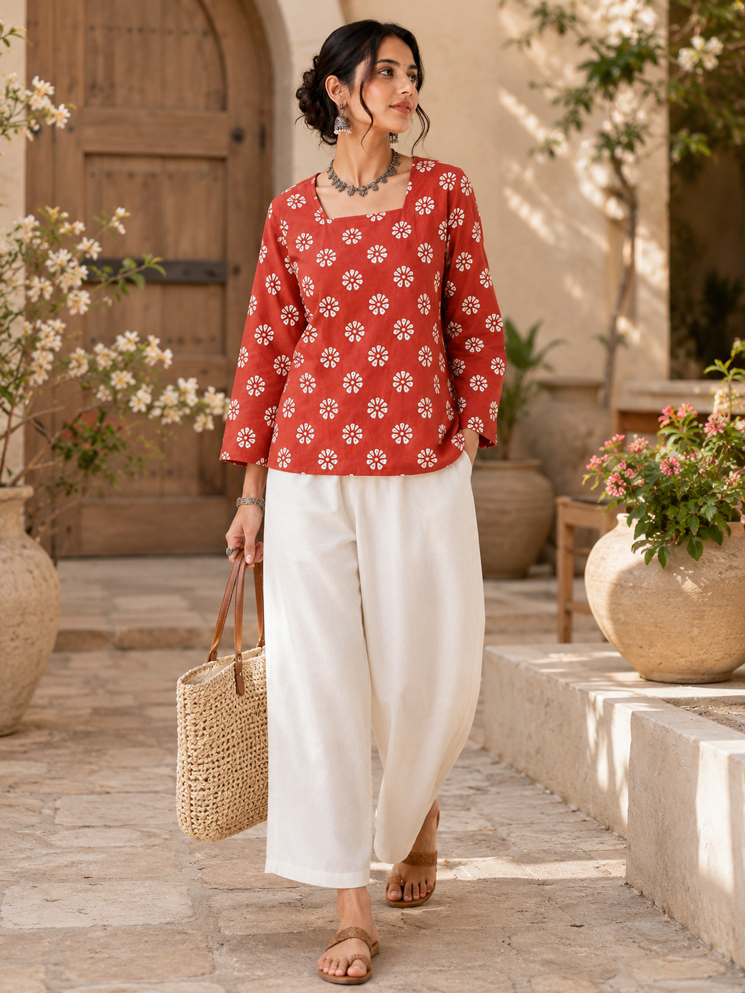 Women's Cotton Floral Block Print Top