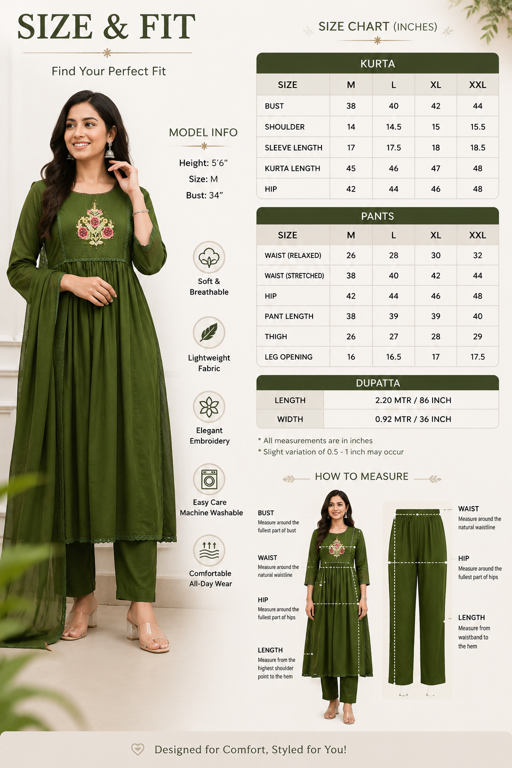 Women’s Olive Green Embroidered Kurta Pant Dupatta Set | Ethnic 3-Piece Suit Set