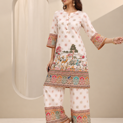 White Printed Rayon Kurta Palazzo Set for Festive Wear