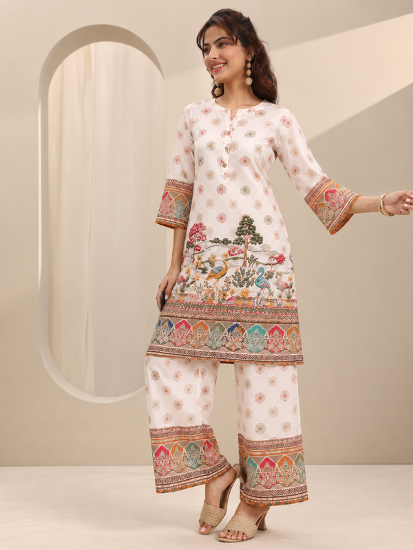 White Printed Rayon Kurta Palazzo Set for Festive Wear