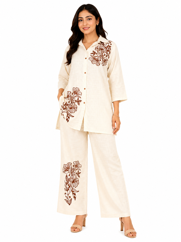 Floral Embroidered Cotton Kurta Palazzo Co-Ord Set for Festive Wear - view 4