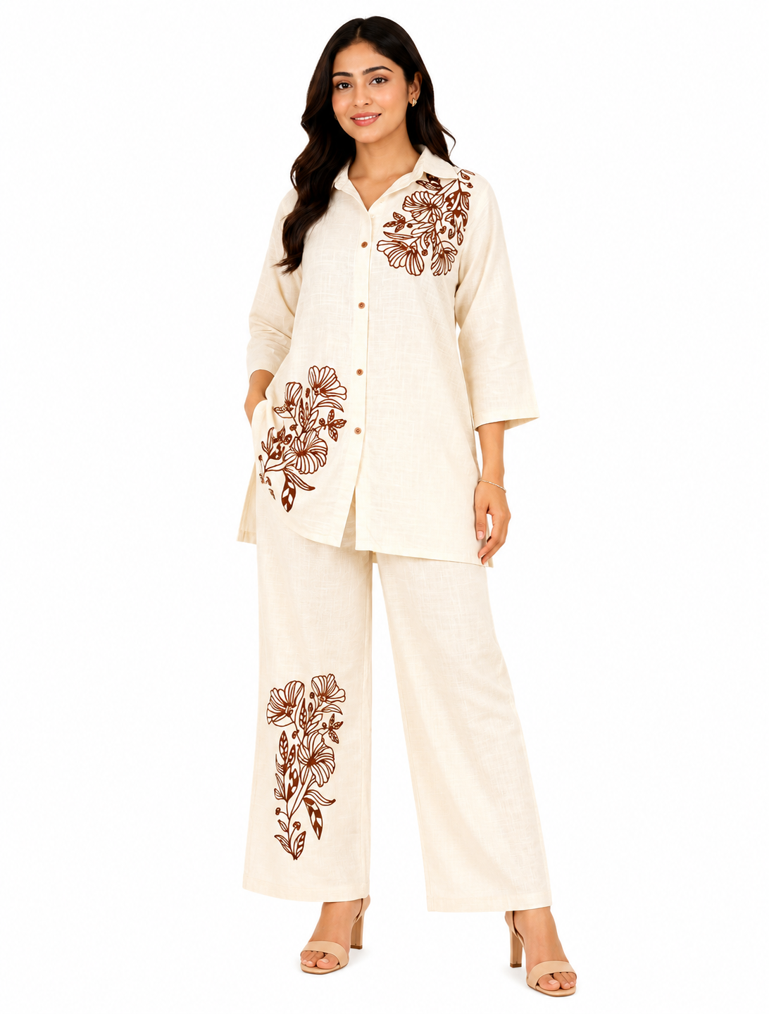 Women's Floral Embroidered Co-Ord Set | Premium Cotton Blend Shirt & Palazzo Pants Set