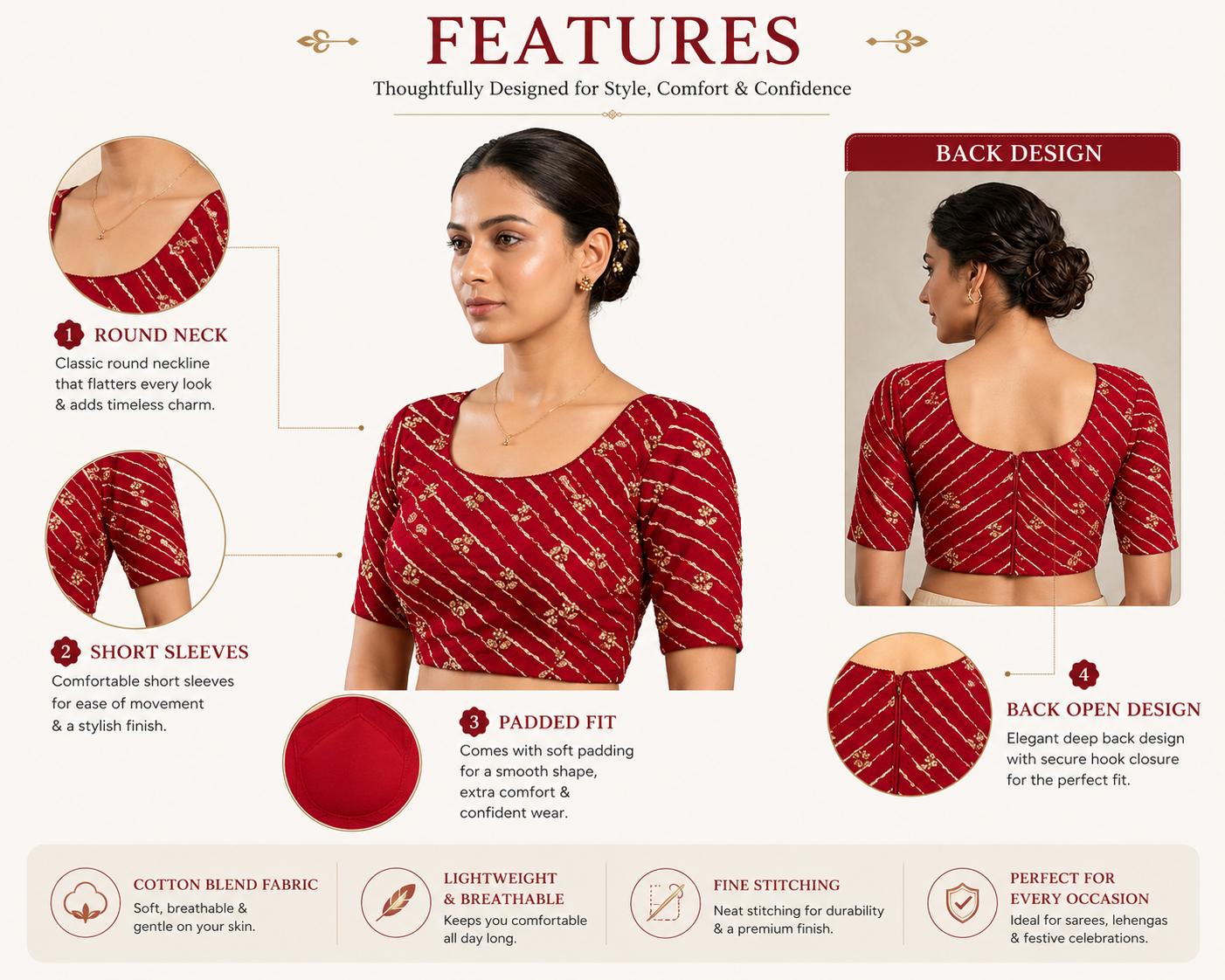 Red Printed Cotton Blend Readymade Blouse