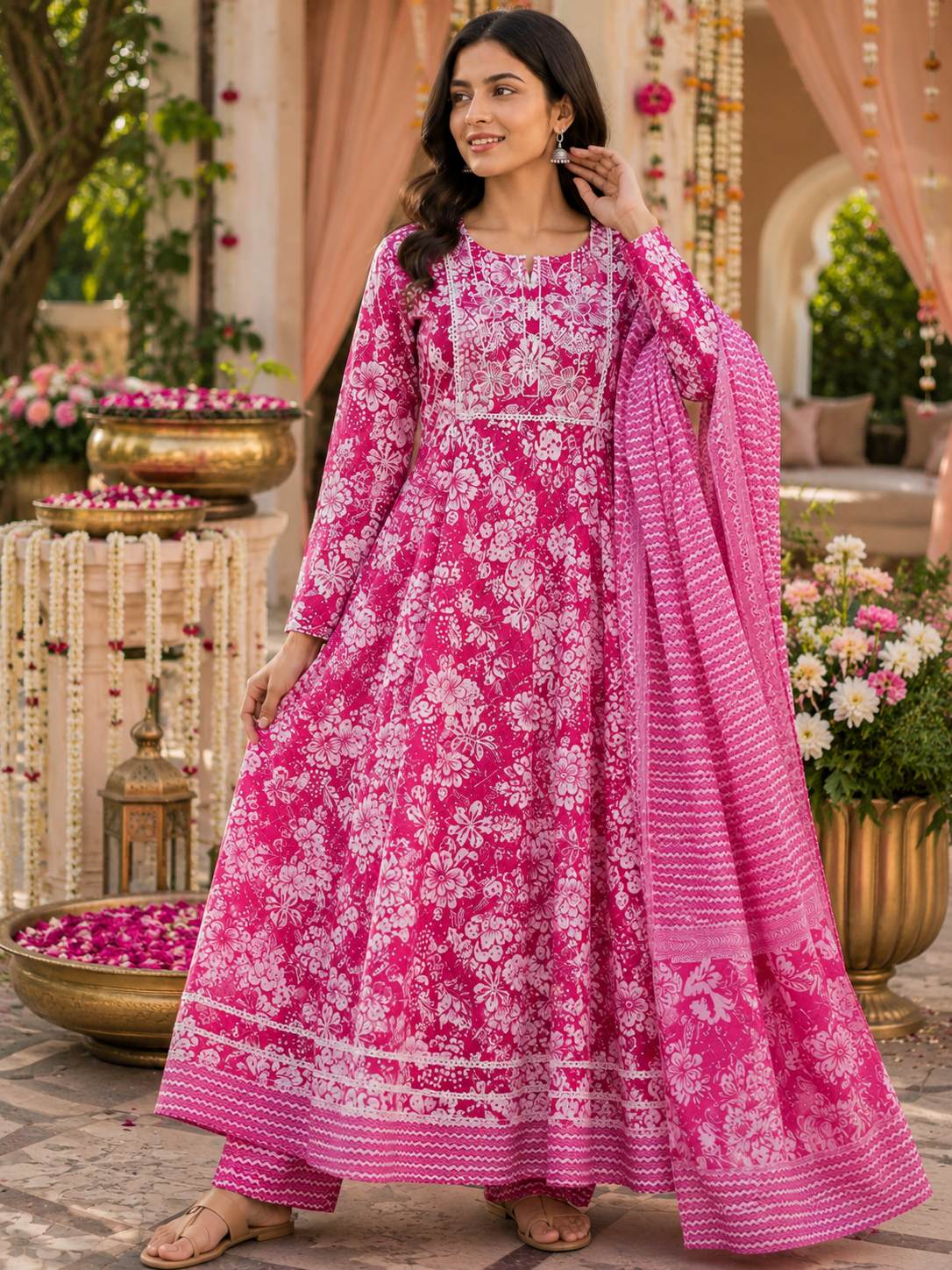 Women's Cotton Anarkali Kurta Pant Dupatta Set