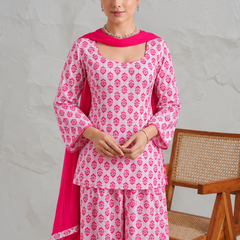 Women’s Pink Floral Printed Kurta Palazzo Set with Dupatta
