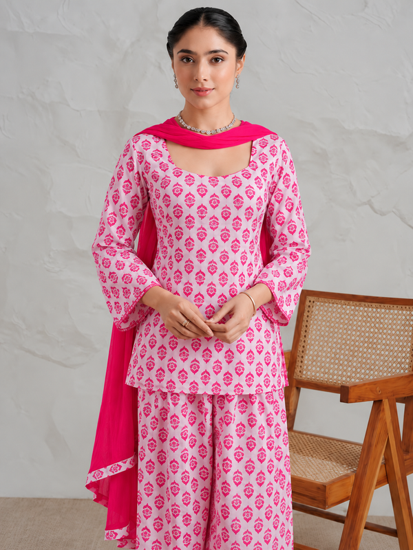 Women’s Pink Floral Printed Kurta Palazzo Set with Dupatta