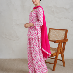 Women’s Pink Floral Printed Kurta Palazzo Set with Dupatta