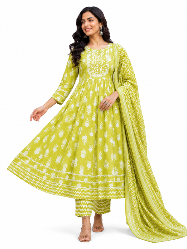 Floral Embroidered Cotton Kurta Pant Dupatta Set for Festive Wear - view 2
