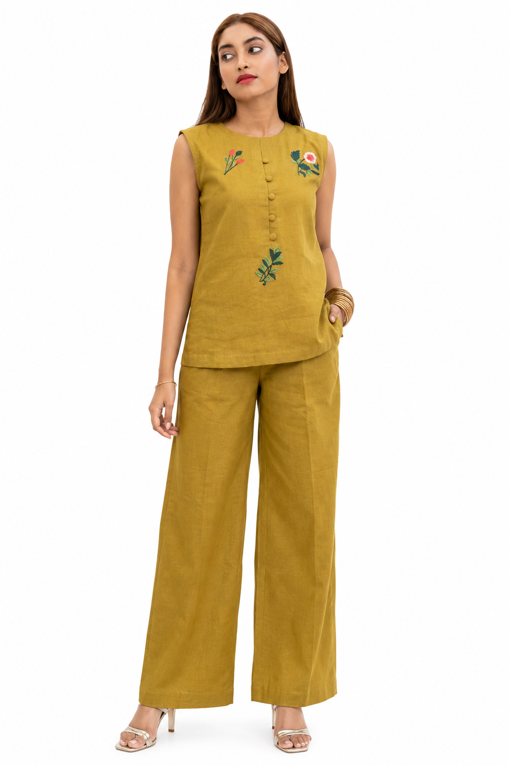 Women's Embroidered Sleeveless Co-Ord Set | Cotton Blend Top & Straight Pants Set